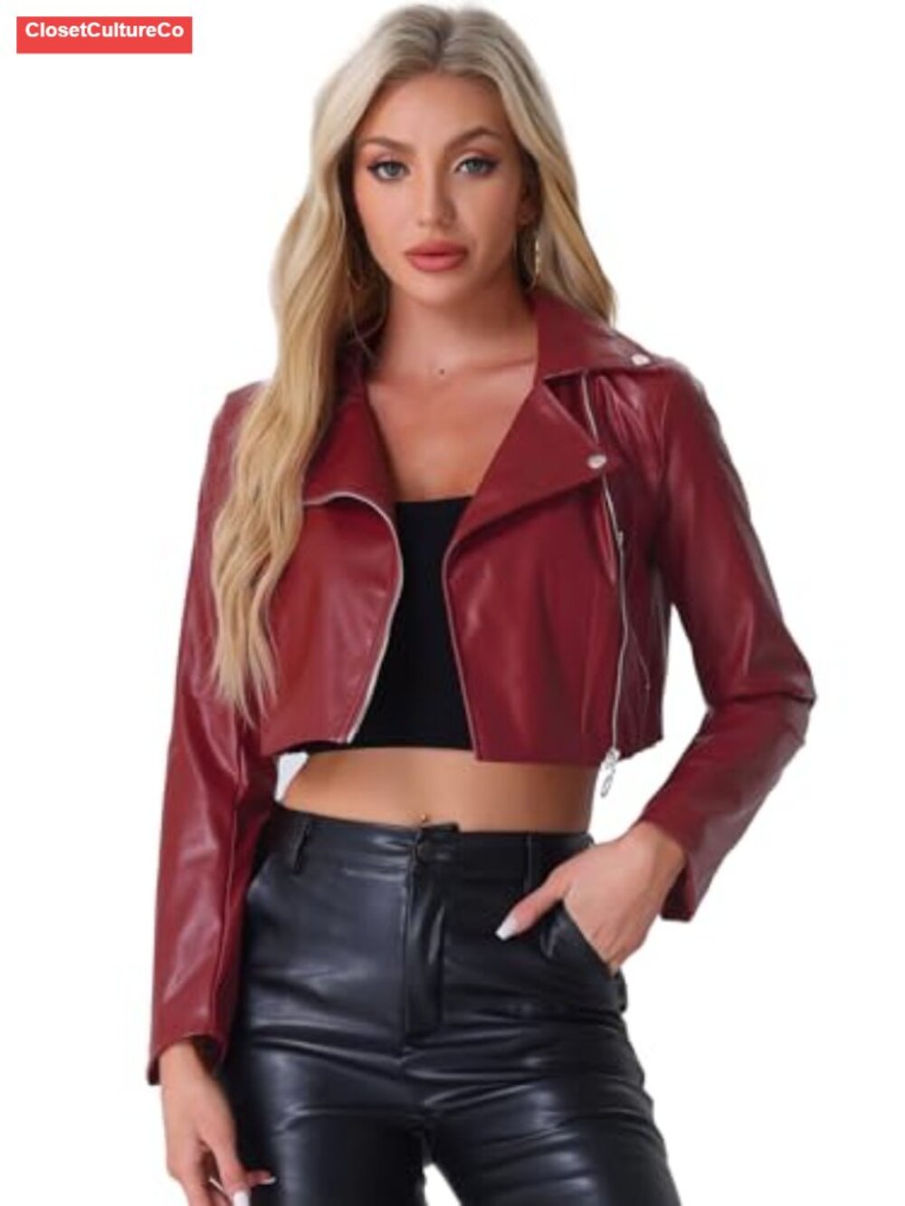 Faux Leather Long Sleeve Zip Up Moto Cropped Jacket